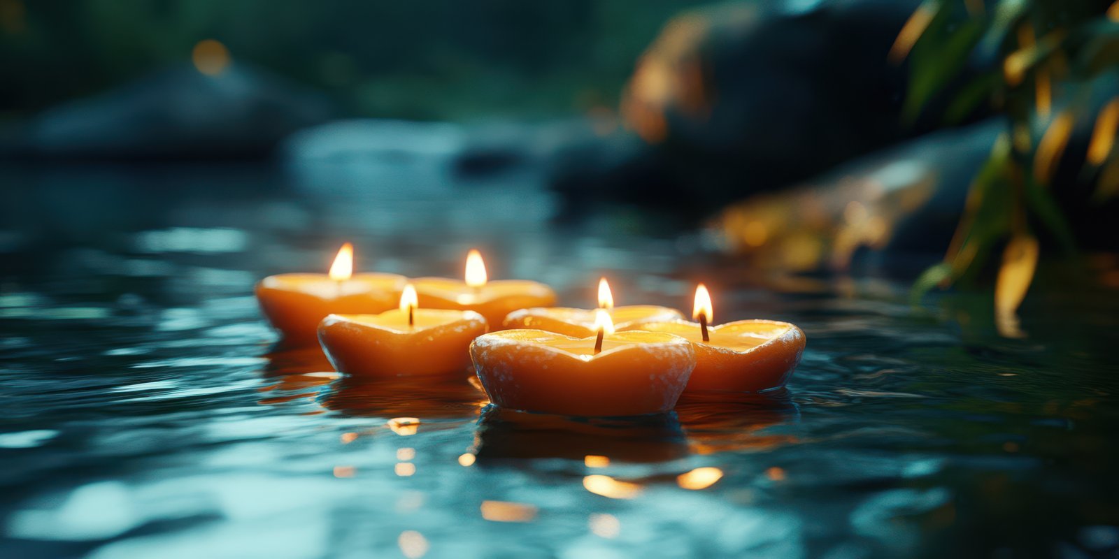 Floating candles illuminate a tranquil pond during the evening hours